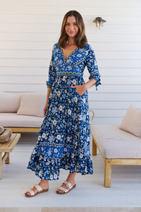 Willow Tie Sleeve Navy/Cobalt Blue Floral Print Maxi Dress