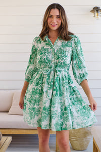 Gabrielle 3/4 Sleeve White/Green Print Collared Dress
