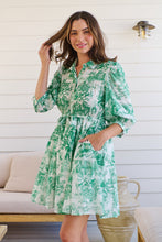 Load image into Gallery viewer, Gabrielle 3/4 Sleeve White/Green Print Collared Dress