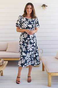 TeeTee Shirred Waist Bold Navy Floral Dress