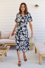 Load image into Gallery viewer, TeeTee Shirred Waist Bold Navy Floral Dress