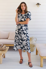 Load image into Gallery viewer, TeeTee Shirred Waist Bold Navy Floral Dress