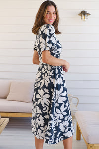 TeeTee Shirred Waist Bold Navy Floral Dress