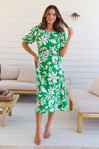 TeeTee Shirred Waist Bold Green Floral Dress