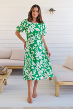 Load image into Gallery viewer, TeeTee Shirred Waist Bold Green Floral Dress