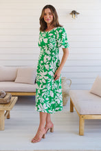 Load image into Gallery viewer, TeeTee Shirred Waist Bold Green Floral Dress