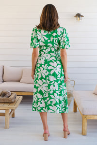 TeeTee Shirred Waist Bold Green Floral Dress