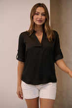 Load image into Gallery viewer, Brialla Black Satin Roll sleeve shirt