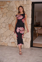 Load image into Gallery viewer, Ava One Shoulder Black/Red Print Mesh Evening Dress