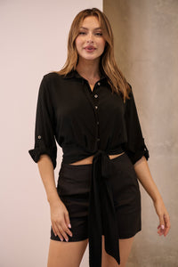 Zaira Black Button Tie Front Crop Shirt