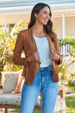 Load image into Gallery viewer, Lettie Caramel Faux Suede Zip Front Waterfall Jacket