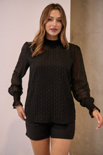 Load image into Gallery viewer, Meredith Black Shiny Fleck Shirred Neck Long Sleeve Top