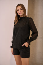 Load image into Gallery viewer, Meredith Black Shiny Fleck Shirred Neck Long Sleeve Top
