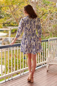Heather Long Sleeve White/Blue Print Button Collar Dress