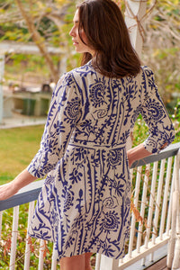 Heather Long Sleeve White/Blue Print Button Collar Dress
