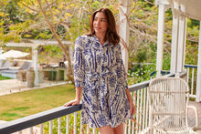 Load image into Gallery viewer, Heather Long Sleeve White/Blue Print Button Collar Dress