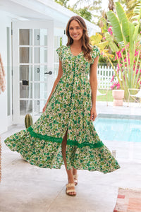 Augustina Button Front Shamrock Green Floral Print Maxi Dress