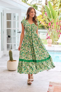 Augustina Button Front Shamrock Green Floral Print Maxi Dress