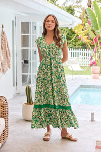 Augustina Button Front Shamrock Green Floral Print Maxi Dress