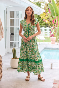 Augustina Button Front Shamrock Green Floral Print Maxi Dress