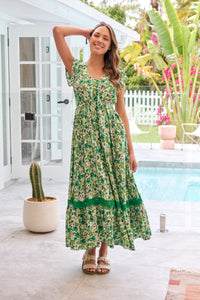 Augustina Button Front Shamrock Green Floral Print Maxi Dress