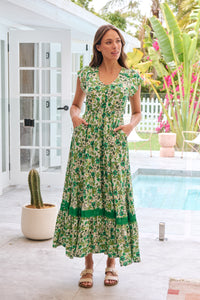 Augustina Button Front Shamrock Green Floral Print Maxi Dress