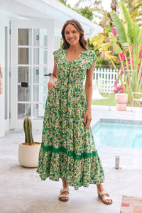 Augustina Button Front Shamrock Green Floral Print Maxi Dress