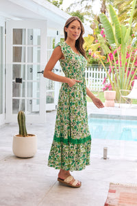 Augustina Button Front Shamrock Green Floral Print Maxi Dress