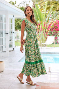 Augustina Button Front Shamrock Green Floral Print Maxi Dress