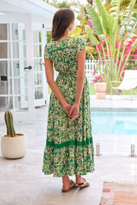 Augustina Button Front Shamrock Green Floral Print Maxi Dress