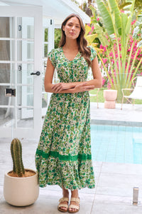 Augustina Button Front Shamrock Green Floral Print Maxi Dress