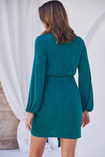 Load image into Gallery viewer, Domino Emerald Metallic Cross Over Tie Front Long Sleeve Dress