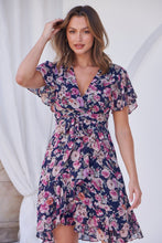 Load image into Gallery viewer, Sabina Chiffon Cross Over Navy/Pink Floral Print Dress