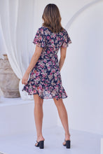 Load image into Gallery viewer, Sabina Chiffon Cross Over Navy/Pink Floral Print Dress