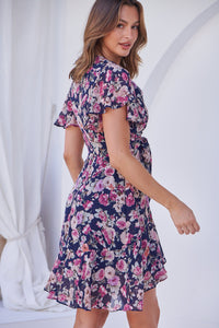 Sabina Chiffon Cross Over Navy/Pink Floral Print Dress