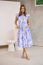 Load image into Gallery viewer, Lucia Blue/White Collared Frill Sleeve Pleated Midi Dress