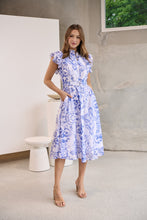 Load image into Gallery viewer, Lucia Blue/White Collared Frill Sleeve Pleated Midi Dress