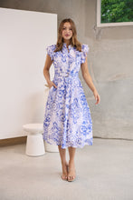 Load image into Gallery viewer, Lucia Blue/White Collared Frill Sleeve Pleated Midi Dress