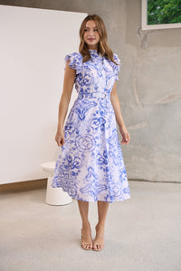 Lucia Blue/White Collared Frill Sleeve Pleated Midi Dress