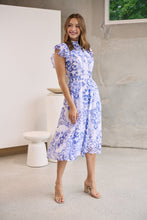 Load image into Gallery viewer, Lucia Blue/White Collared Frill Sleeve Pleated Midi Dress