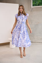 Load image into Gallery viewer, Lucia Blue/White Collared Frill Sleeve Pleated Midi Dress