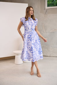 Lucia Blue/White Collared Frill Sleeve Pleated Midi Dress