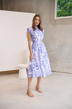 Load image into Gallery viewer, Lucia Blue/White Collared Frill Sleeve Pleated Midi Dress