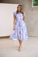 Load image into Gallery viewer, Lucia Blue/White Collared Frill Sleeve Pleated Midi Dress