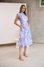 Load image into Gallery viewer, Lucia Blue/White Collared Frill Sleeve Pleated Midi Dress