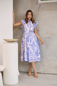 Lucia Blue/White Collared Frill Sleeve Pleated Midi Dress