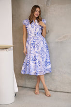 Load image into Gallery viewer, Lucia Blue/White Collared Frill Sleeve Pleated Midi Dress