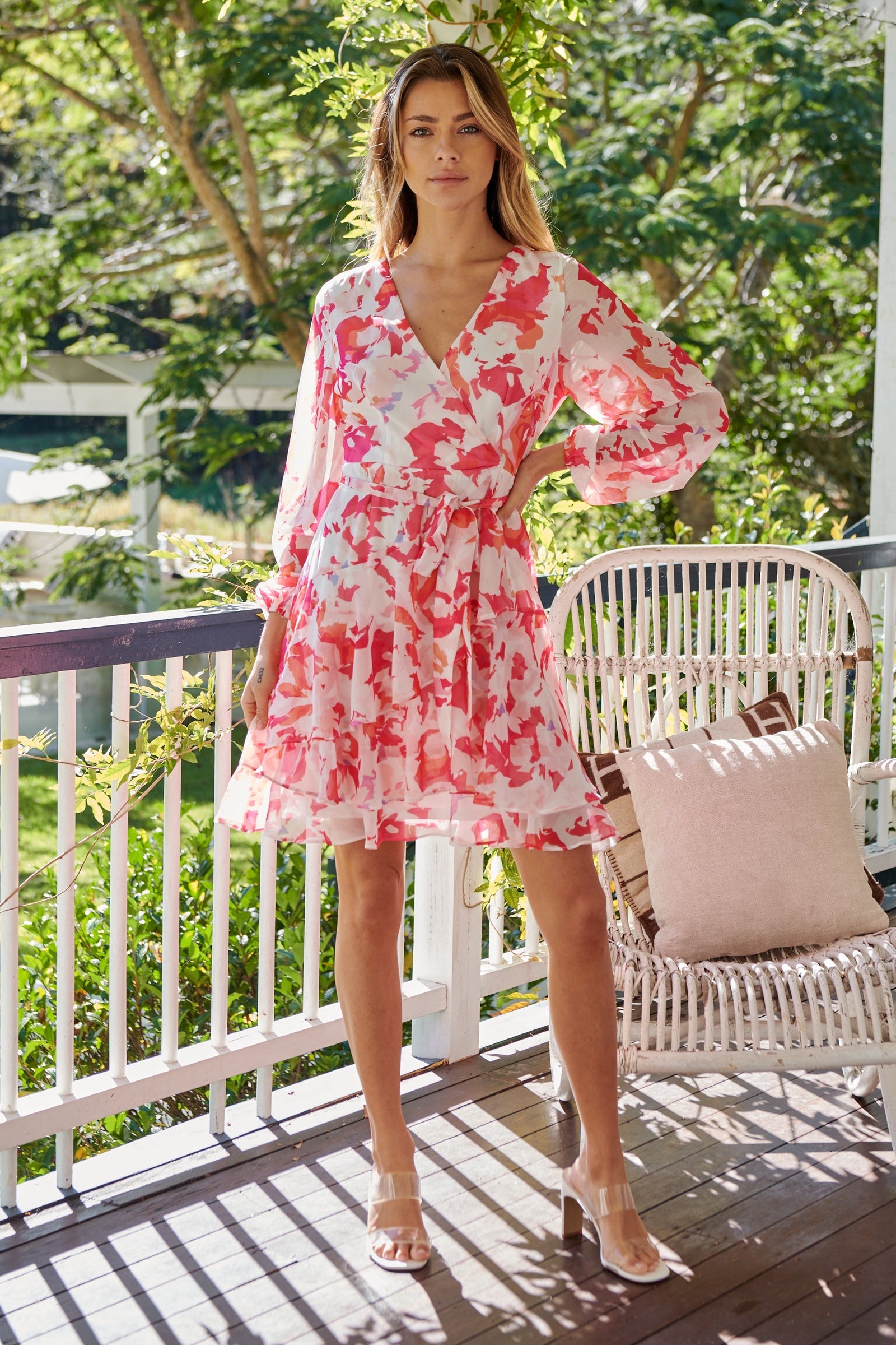 Lara Chiffon Pink/White Floral Evening Dress