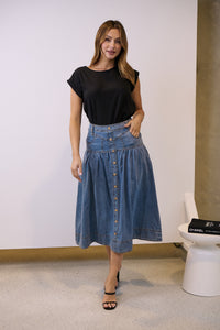 Mirabelle Button Cotton Denim Wash Skirt