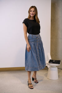 Mirabelle Button Cotton Denim Wash Skirt